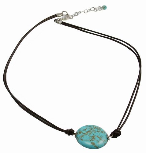 Turquoise Bead Necklace with Leather Cord