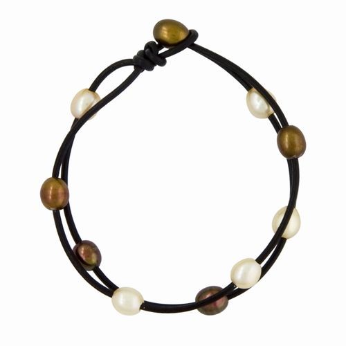 Cream & Copper Pearls on Black Bracelet