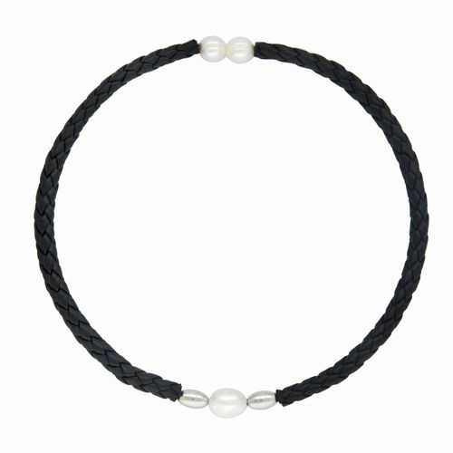 White Pearl & Black Leather Choker