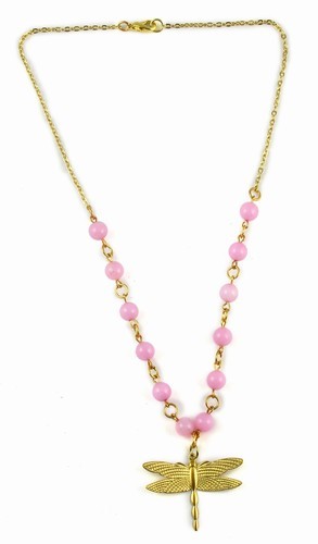 Pink Jade Bead Necklace With Gold Dragonfly