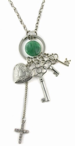 Key Cluster Long Silver Necklace With Jade