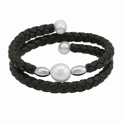 White Pearl & Black Leather Bracelet