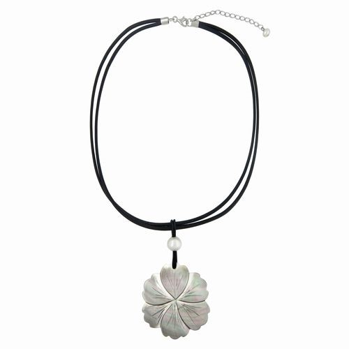 Grey Carved Shell Flower Pendant Necklace