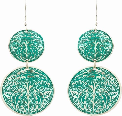 Enameled Earrings, 2 Circle Drops Gr/Sil
